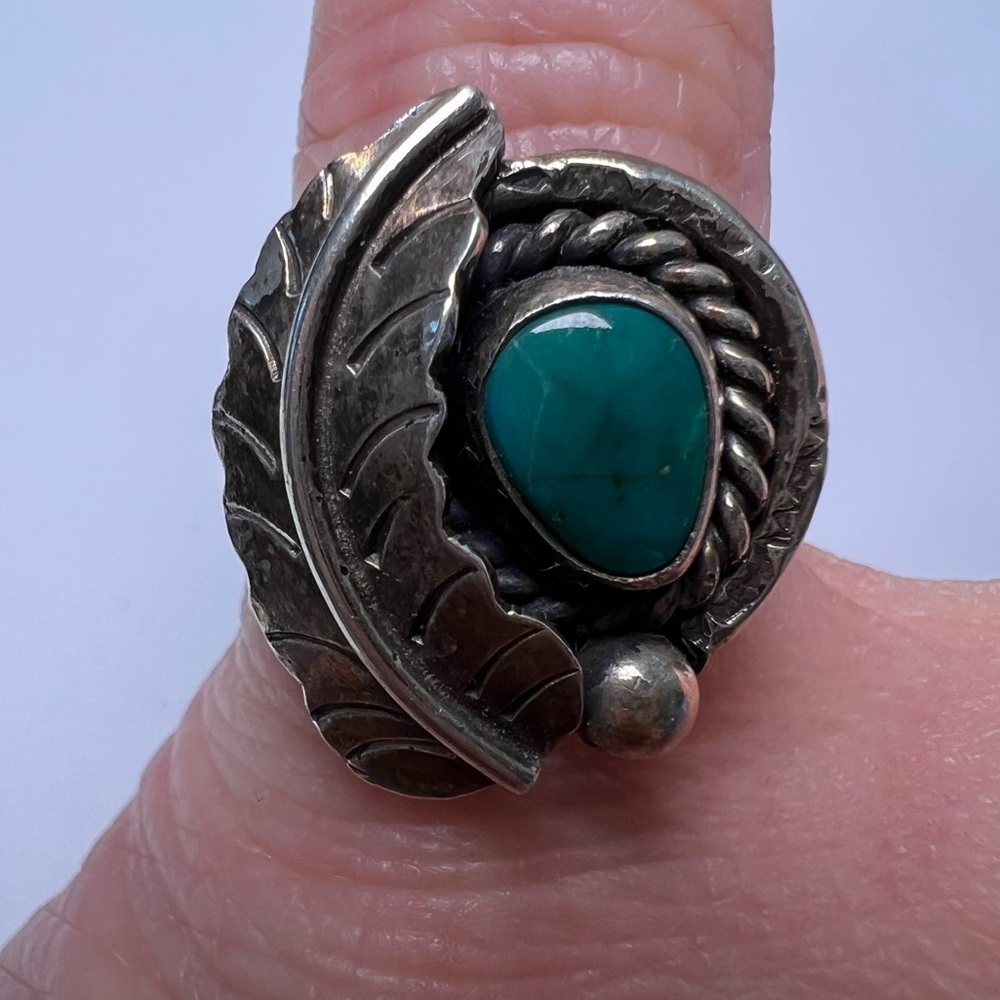 Turquoise Sterling Silver 925 Ring with Feather, Size 6.75 - Picture 1 of 3